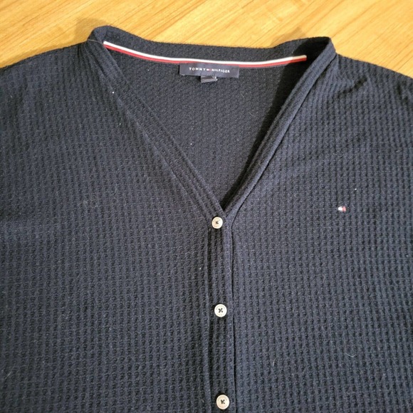 Tommy Hilfiger Cardigan Sweater Womens XXL Navy Blue Waffle Knit Thermal Button - Picture 3 of 11